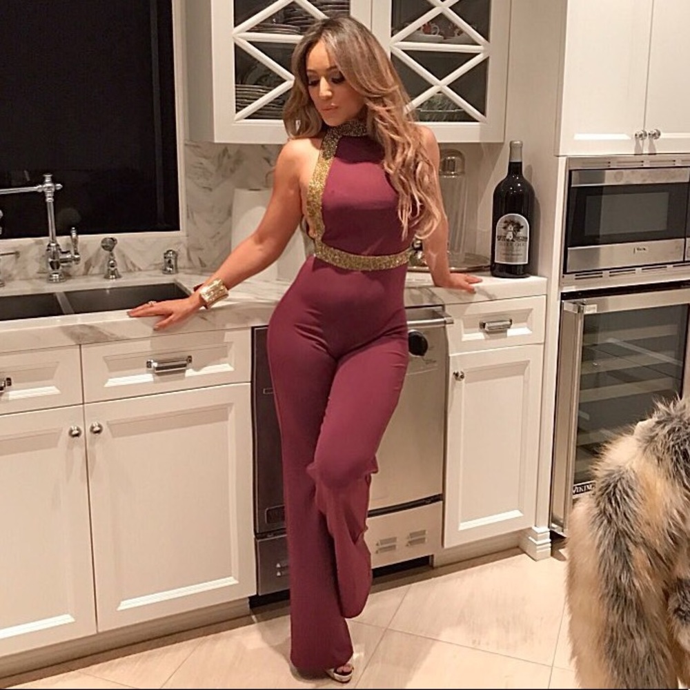 One Piece Maroon Jumpsuit With Crystals